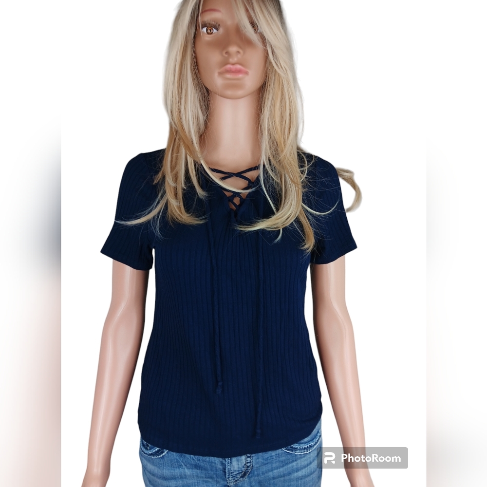 Navy blue, lace up front shirt - Picture 4 of 5